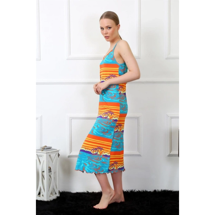 Moda Kadın İp Askılı Uzun Gecelik Mavi