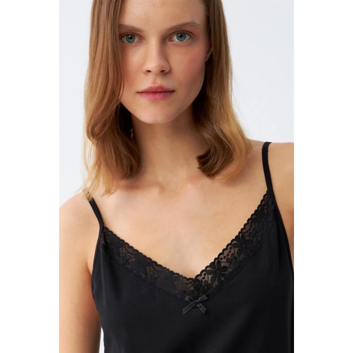 Moda Kadın İp Askılı Uzun Gecelik Siyah