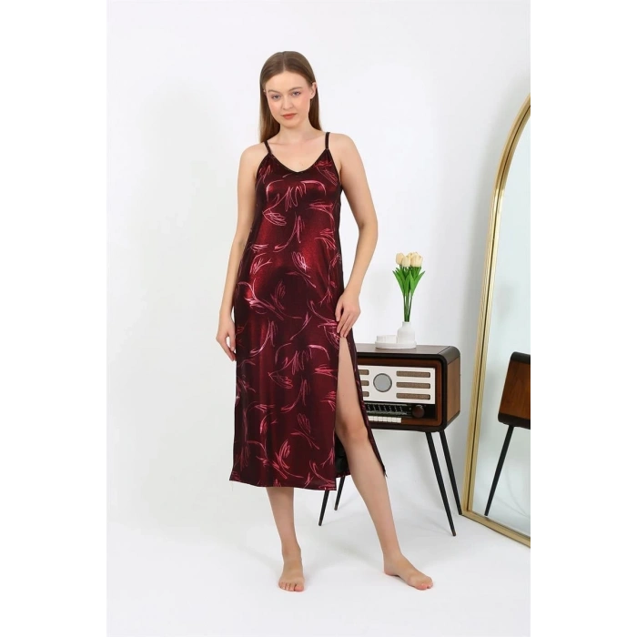 Moda Kadın İp Askılı Uzun Parlak Micro Elbise Gecelik Bordo