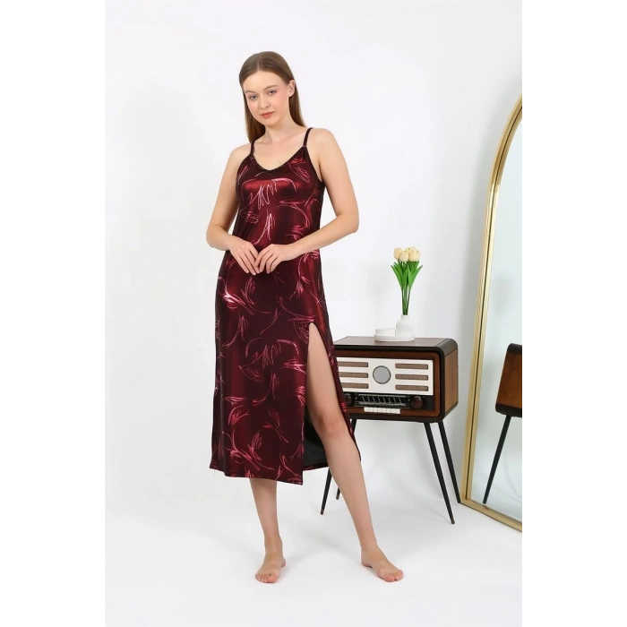 Moda Kadın İp Askılı Uzun Parlak Micro Elbise Gecelik Bordo