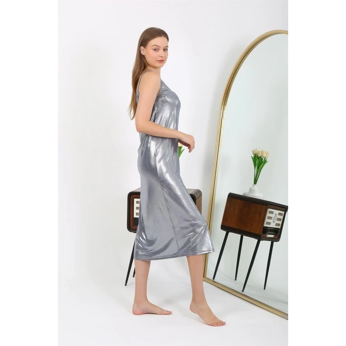 Moda Kadın İp Askılı Uzun Parlak Micro Elbise Gecelik Gri