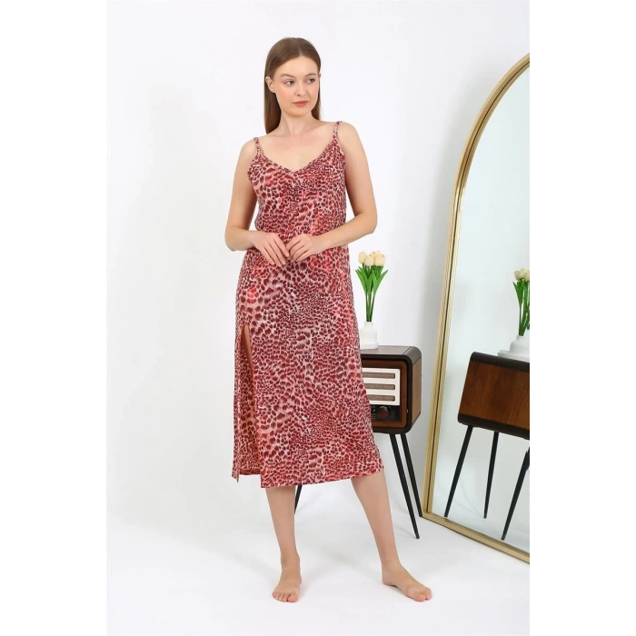 Moda Kadın İp Askılı Uzun Parlak Micro Elbise Gecelik Kırmızı