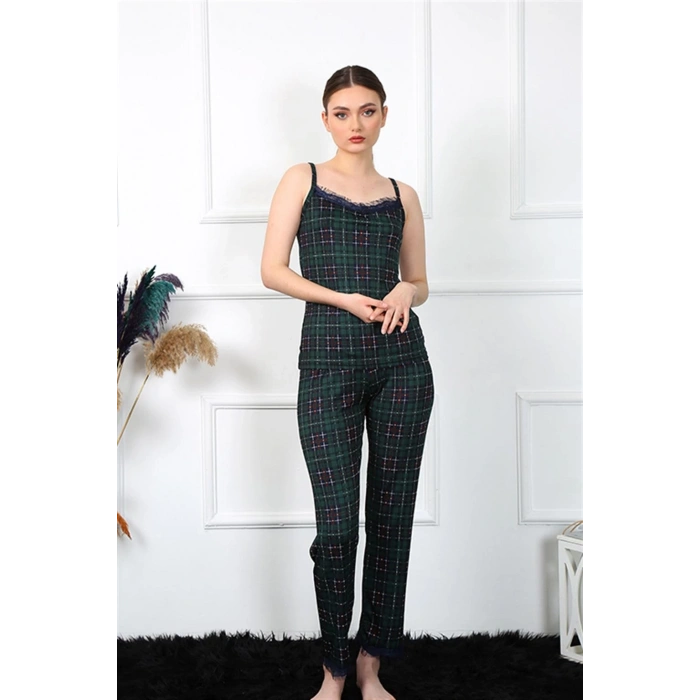 Moda Kadın İp Askılı Yeşil Ekoseli Pijama Takım