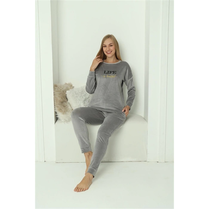 Moda Kadın Kadife Gri Pijama Takım