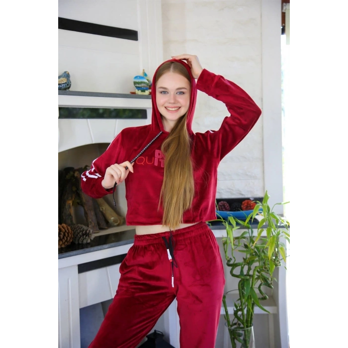 Moda Kadın Kadife Kapşonlu Eşofman Takım Bordo