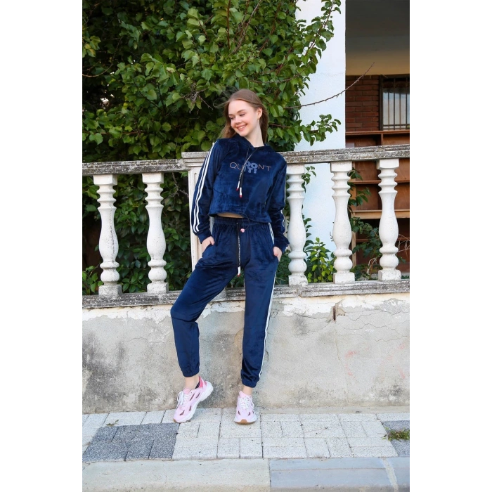 Moda Kadın Kadife Kapşonlu Eşofman Takım Lacivert