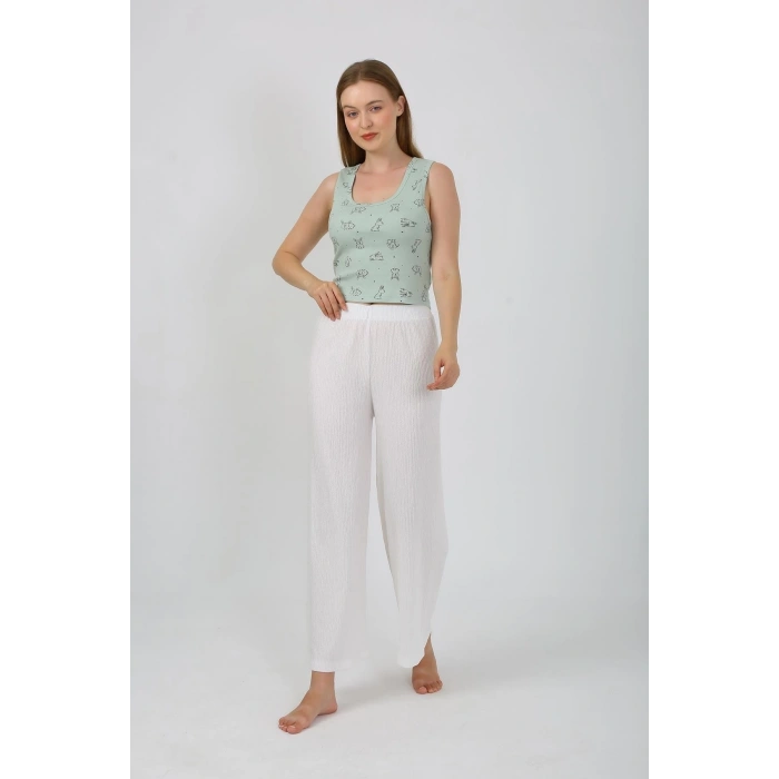 Moda Kadın Kalın Askılı Body Bol Paça Pantolon 2`li Takım Beyaz