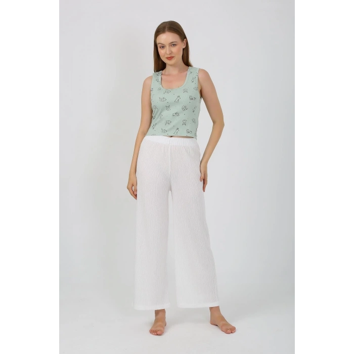 Moda Kadın Kalın Askılı Body Bol Paça Pantolon 2`li Takım Beyaz