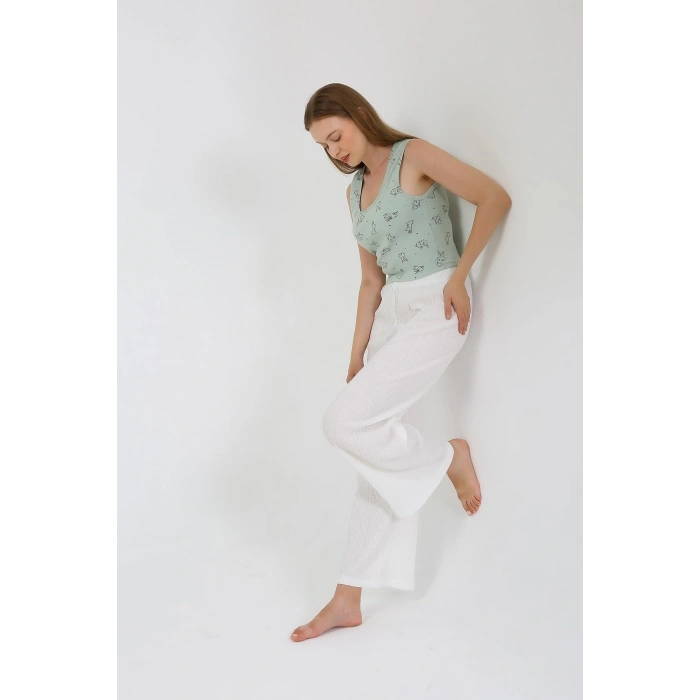 Moda Kadın Kalın Askılı Body Bol Paça Pantolon 2`li Takım Beyaz