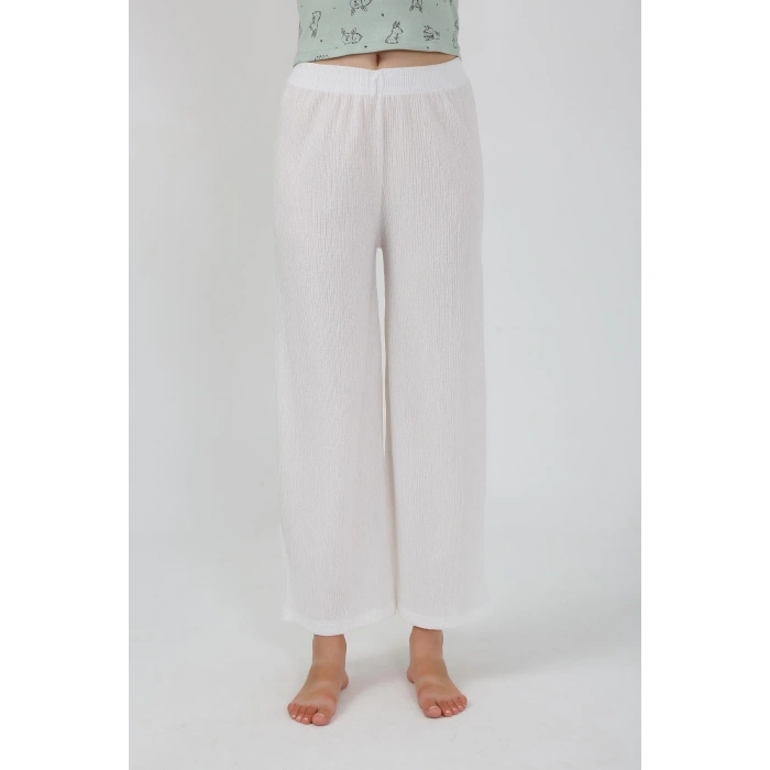 Moda Kadın Kalın Askılı Body Bol Paça Pantolon 2`li Takım Beyaz