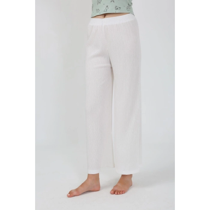 Moda Kadın Kalın Askılı Body Bol Paça Pantolon 2`li Takım Beyaz