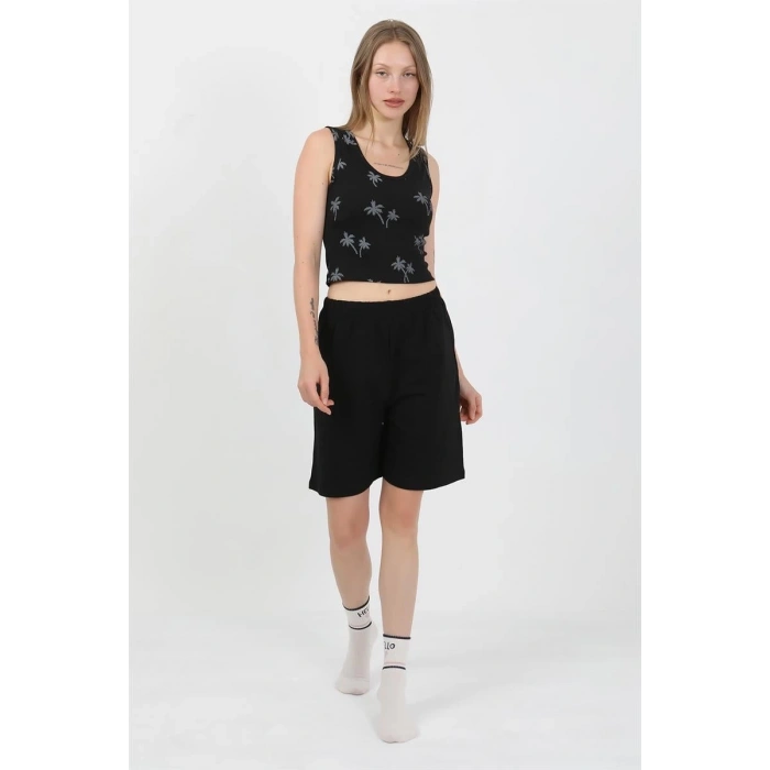 Moda Kadın Kalın Askılı Pamuk Penye Şortlu Crop Takım Siyah