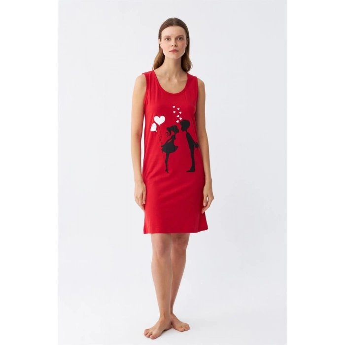 Moda Kadın Kalın Askılı Penye Diz Üstü Kırmızı Gecelik