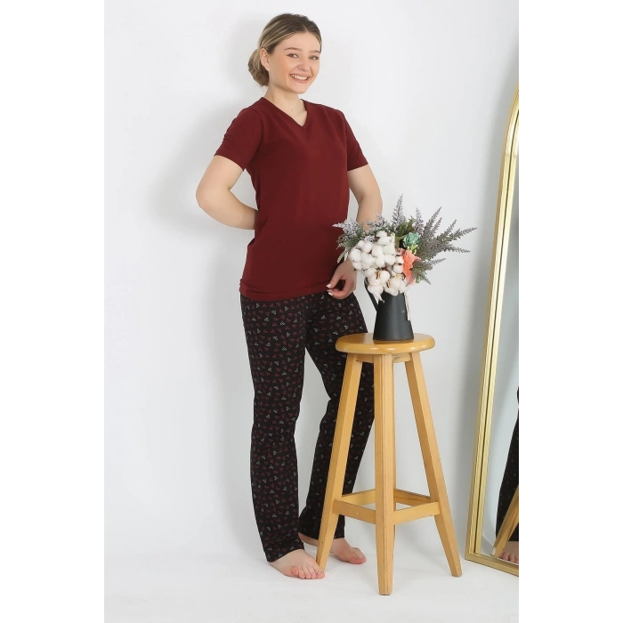 Moda Kadın Kısa Kol Pamuk Penye Pijama Takım Bordo