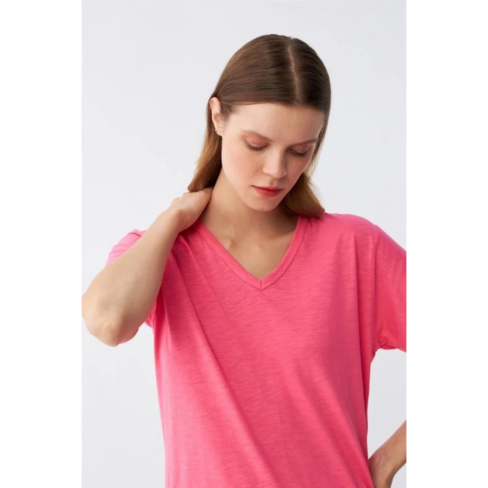 Moda Kadın Kısa Kol Pamuk Penye Pijama Takım Fuşya