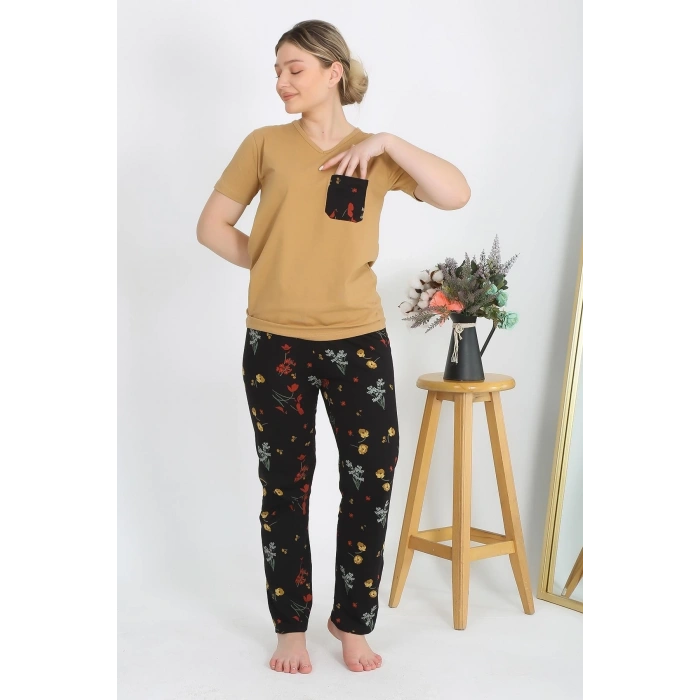 Moda Kadın Kısa Kol Pamuk Penye Pijama Takım Hardal