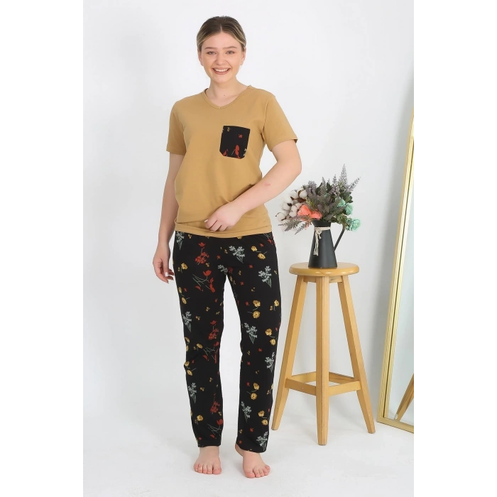 Moda Kadın Kısa Kol Pamuk Penye Pijama Takım Hardal