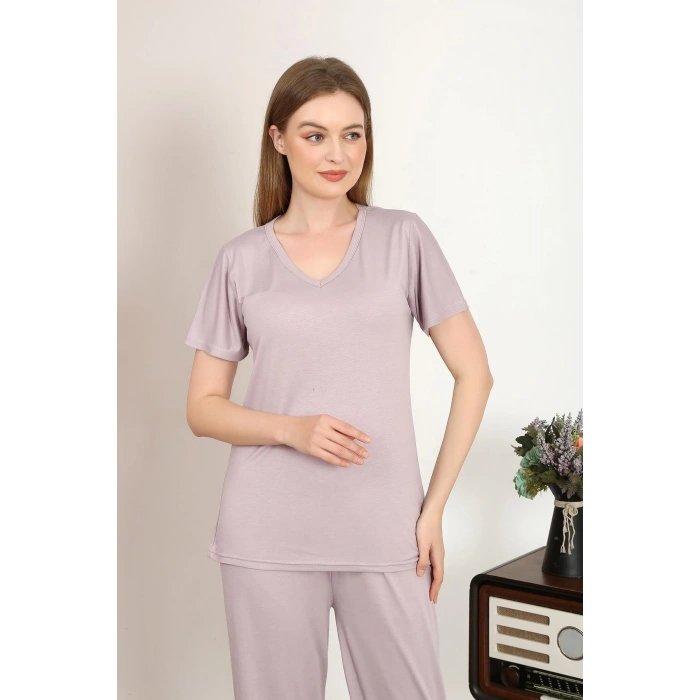 Moda Kadın Kısa Kol Pamuk Penye Pijama Takım Pudra