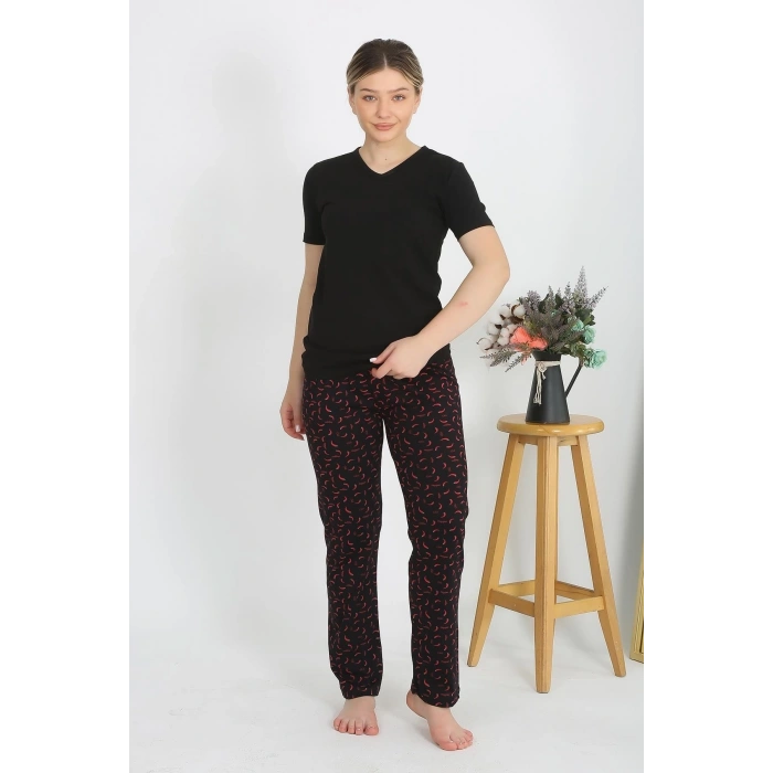 Moda Kadın Kısa Kol Pamuk Penye Pijama Takım Siyah