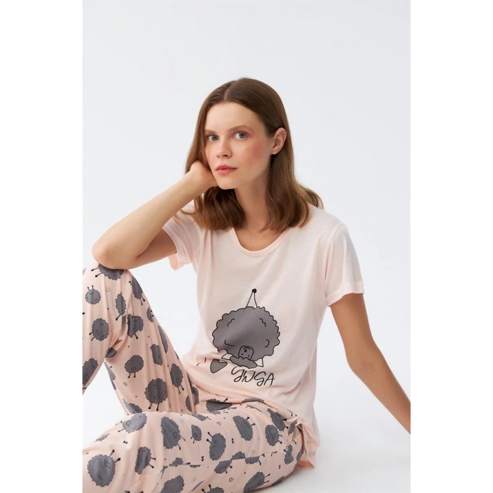 Moda Kadın Kısa Kol Pijama Takım Pudra