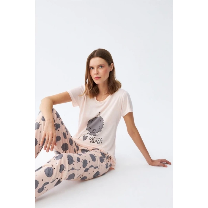 Moda Kadın Kısa Kol Pijama Takım Pudra