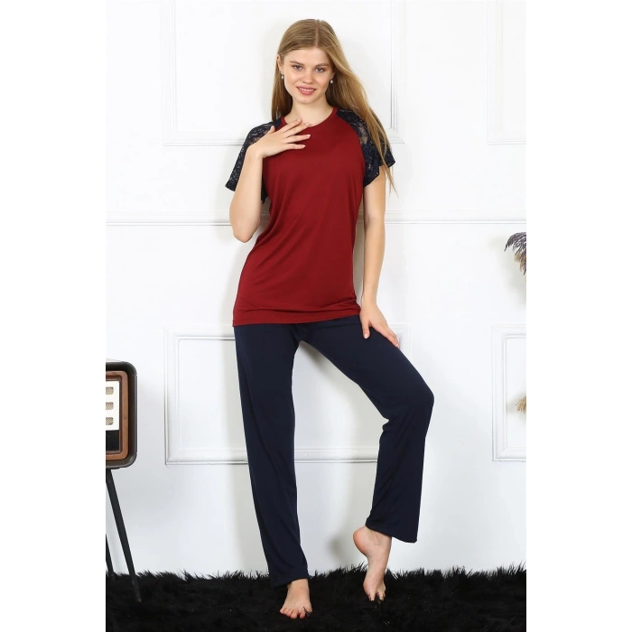 Moda Kadın Kolu Dantelli Penye Pijama Takım Bordo