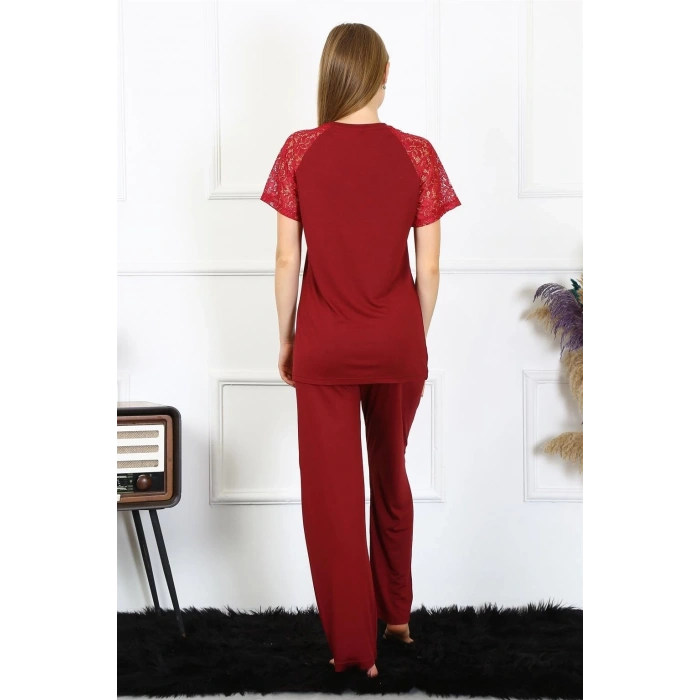 Moda Kadın Kolu Dantelli Penye Pijama Takım Bordo