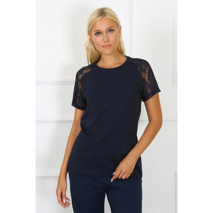 Moda Kadın Kolu Dantelli Penye Pijama Takım Lacivert