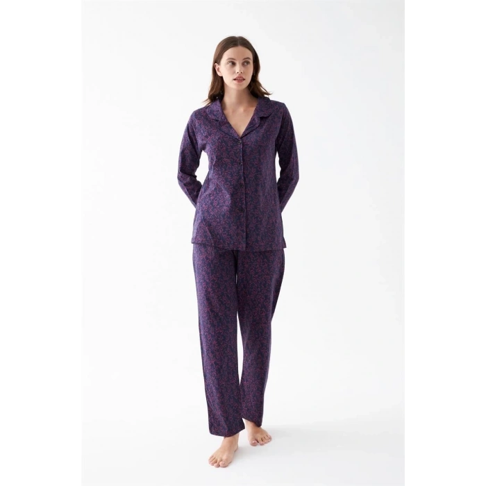 Moda Kadın Mor Düğmeli Yaka Detaylı Desenli Pamuklu Pijama Takımı