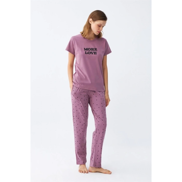 Moda Kadın Mor Yıldız Desenli Penye Kısa Kol Pijama Takımı