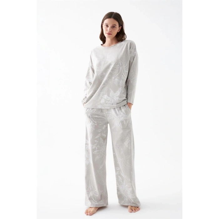 Moda Kadın Oversize Gri Çiçek Desenli Pamuklu Kalın Pijama Takımı