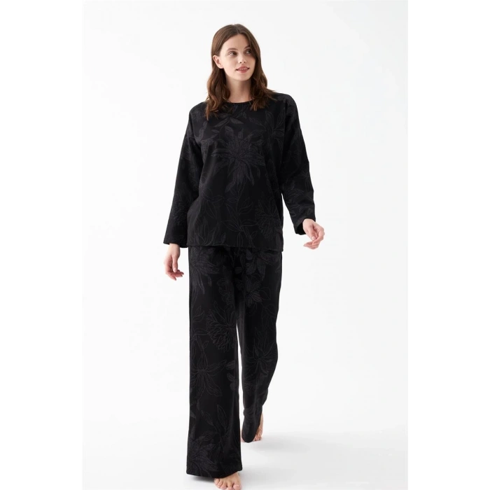 Moda Kadın Oversize Siyah Çiçek Desenli Pamuklu Kalın Pijama Takımı