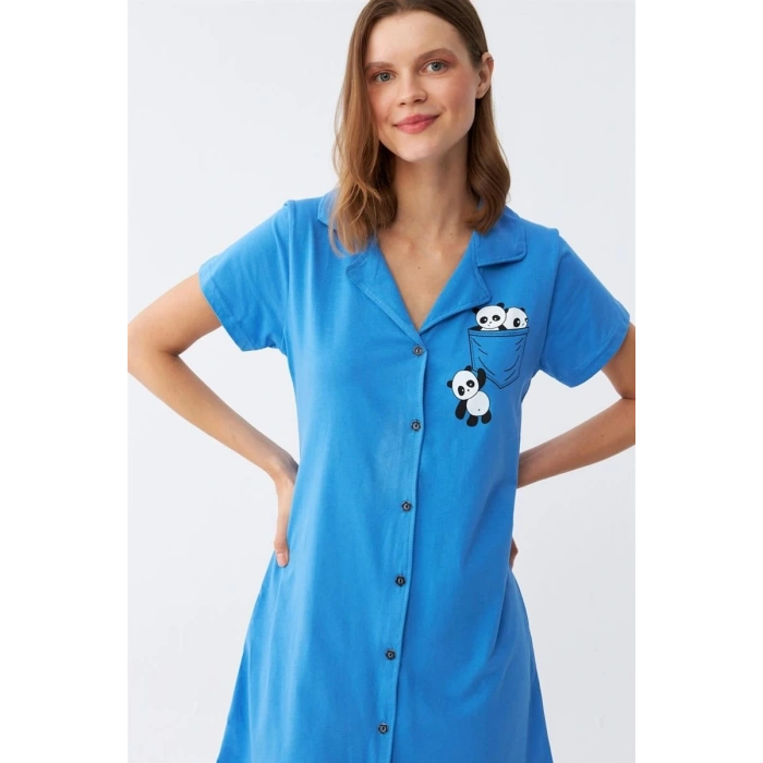 Moda Kadın Pamuk Penye Kısa Kol Düğmeli Mavi Tunik Gecelik