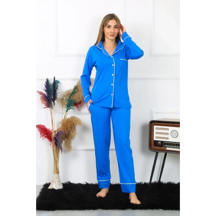 Moda Kadın Pamuk Penye Önden Düğmeli Uzun Kol Saks Pijama Takım
