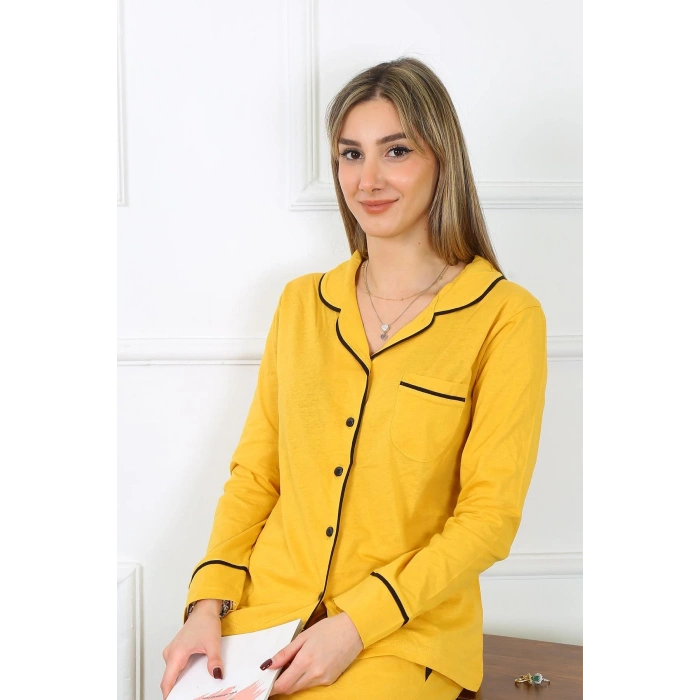 Moda Kadın Pamuk Penye Önden Düğmeli Uzun Kol Sarı Pijama Takım