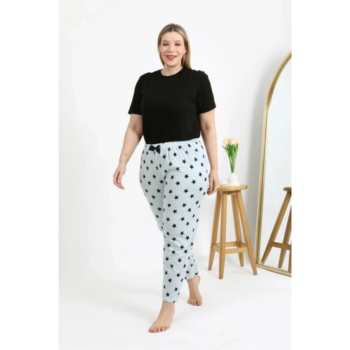 Moda Kadın Pamuklu Büyük Beden Alt Pijama Buz Mavisi