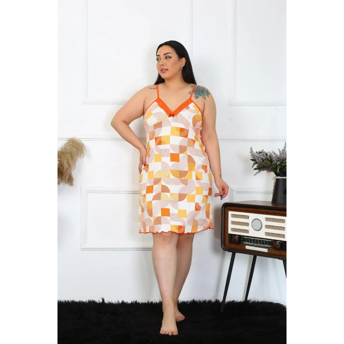 Moda Kadın Pamuklu İp Askılı Büyük Beden Gecelik Sarı