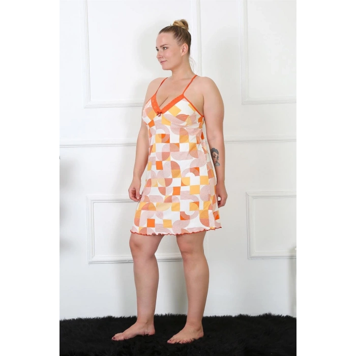 Moda Kadın Pamuklu İp Askılı Büyük Beden Gecelik Sarı