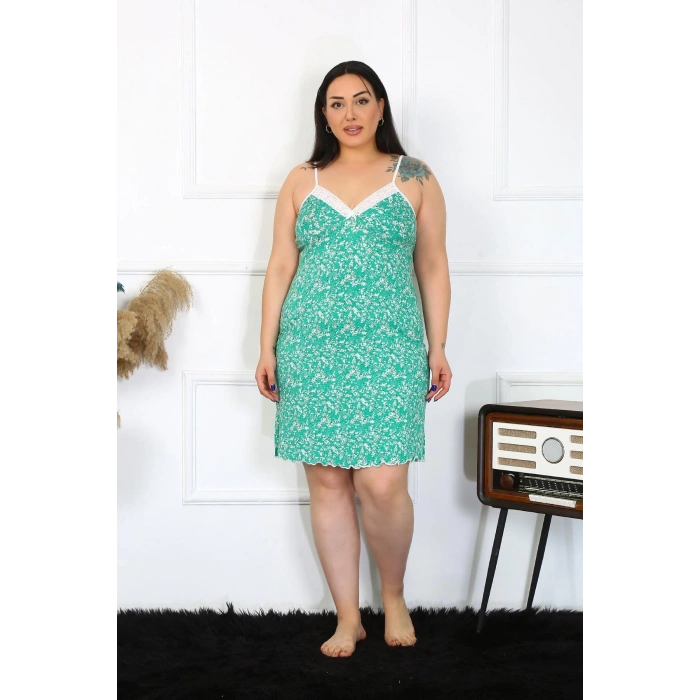 Moda Kadın Pamuklu İp Askılı Büyük Beden Gecelik Turkuaz