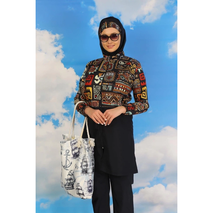 Moda Kadın Pantolonlu Desenli Tam Tesettür Mayo Lacivert