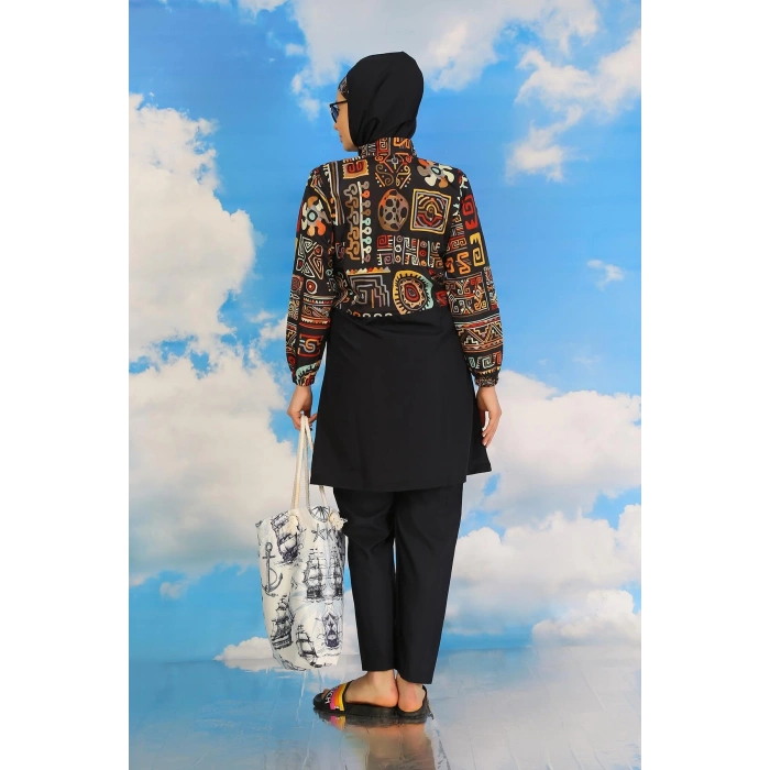 Moda Kadın Pantolonlu Desenli Tam Tesettür Mayo Lacivert