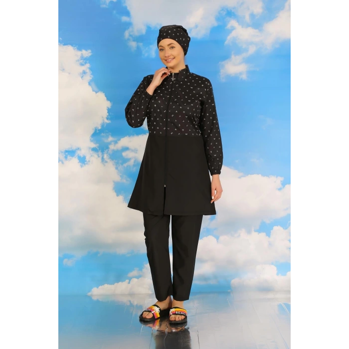 Moda Kadın Pantolonlu Desenli Tam Tesettür Mayo Siyah