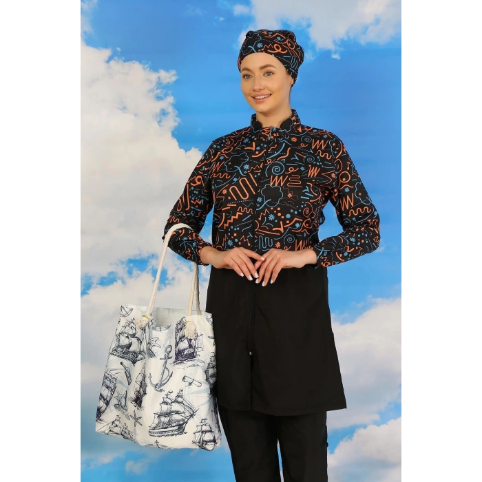 Moda Kadın Pantolonlu Desenli Tam Tesettür Mayo Siyah