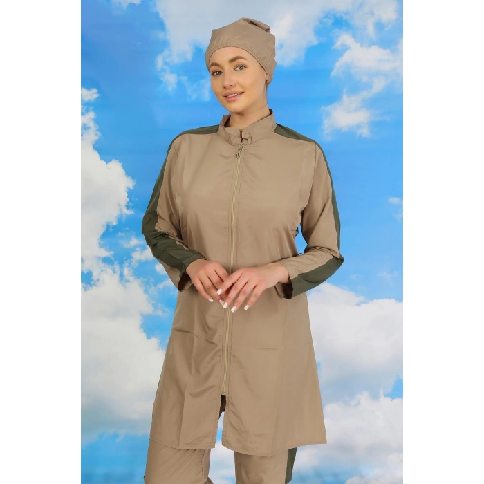 Moda Kadın Pantolonlu Kolu Şeritli Tam Tesettür Mayo Bej