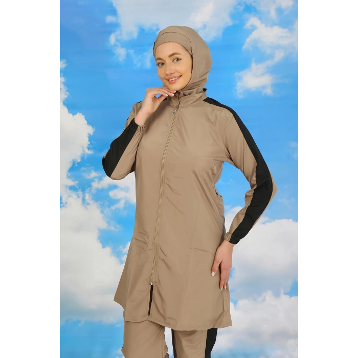 Moda Kadın Pantolonlu Kolu Şeritli Tam Tesettür Mayo Bej