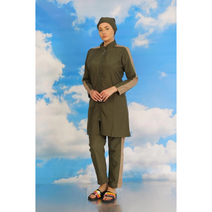 Moda Kadın Pantolonlu Kolu Şeritli Tam Tesettür Mayo Haki