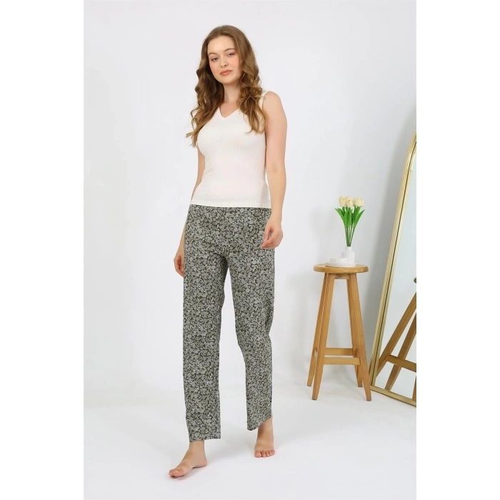 Moda Kadın Penye Desenli Tek Alt Pijama Haki
