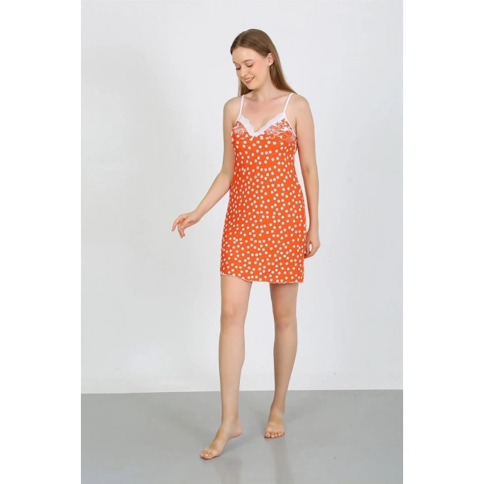 Moda Kadın Penye İp Askılı Beyaz Puantiyeli Gecelik Turuncu