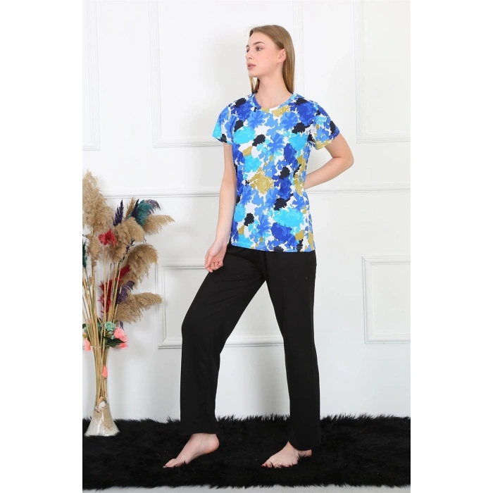 Moda Kadın Penye Kısa Kol Pijama Takım Saks