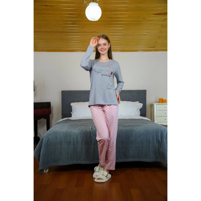 Moda Kadın Penye Uzun Kol Pijama Takım Gri